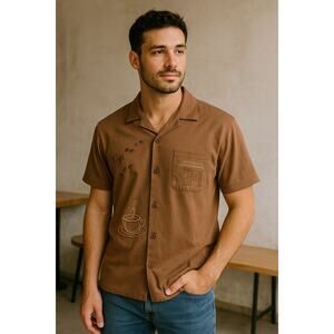 Vox Populi Coffee Print Brown Button Up Shirt Size M Casual Cuban Collar